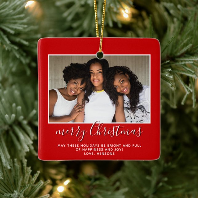 Family Photo Simple Minimalist Script Christmas  Ceramic Ornament (Tree)