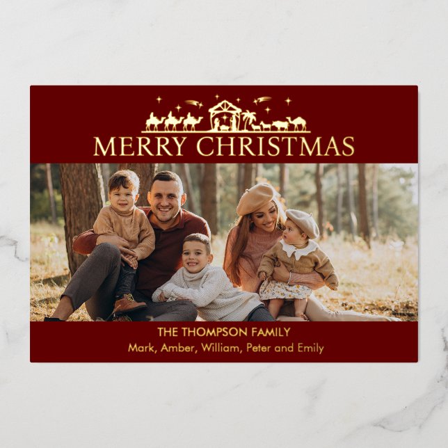 Family Photo Simple Nativity Religious Christmas Foil Holiday Card (Front)