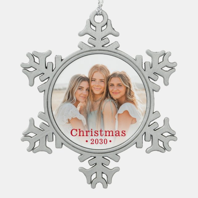 Family Photo  Snowflake Pewter Christmas Ornament (Front)