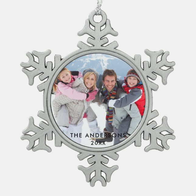 Family Photo Snowflake Pewter Christmas Ornament (Front)