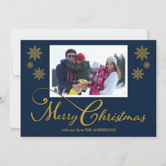 Family Photo Snowflakes Blue Christmas Card