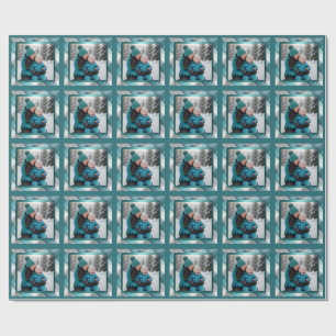 Family Photo Teal Plaid and Faux Ribbon Christmas  Wrapping Paper