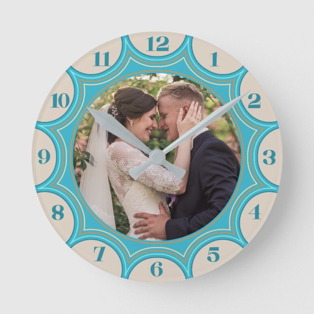 Family Photo Tropical Beach Sunburst Personalized Round Clock (Front)