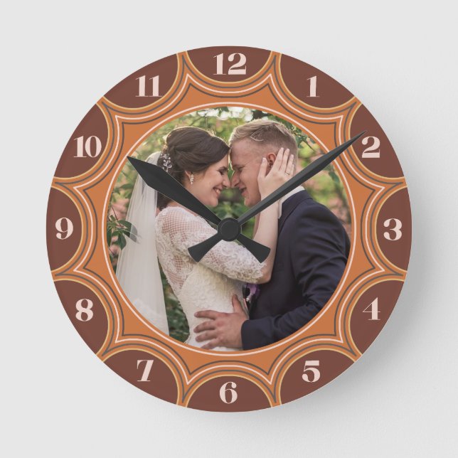 Family Photo Western Orange Sunburst Personalized Round Clock (Front)