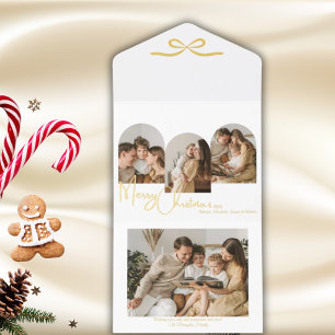Family Photo White Gold Elegant Christmas Arch Bow All In One Invitation