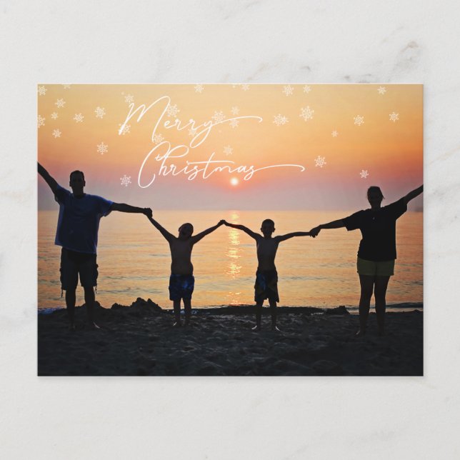 Family Photo White Merry Christmas Font Snowflake Postcard (Front)