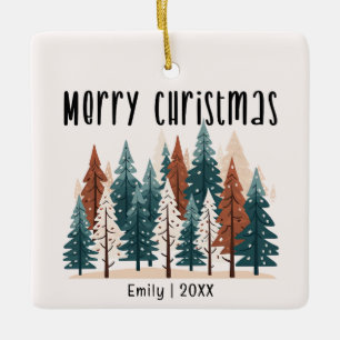Family Photo & Winter Pine Christmas  Ceramic Ornament