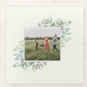 Family Photo Winter Watercolor Florals Custom Glass Coaster