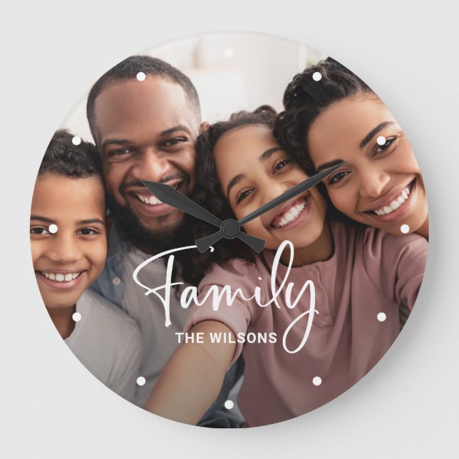 Family Photo with Modern Script Large Clock (Front)