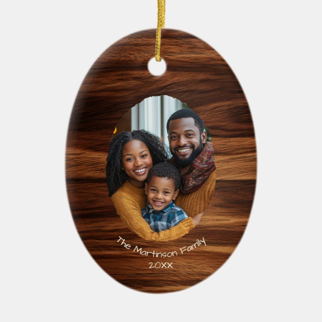 Family Photo Wood Oval Personalized Christmas  Ceramic Ornament (Front)