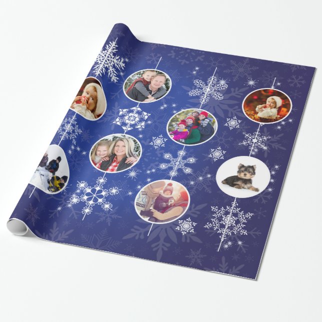 Family Photos Christmas Snowflakes Cobalt Blue Wrapping Paper (Unrolled)