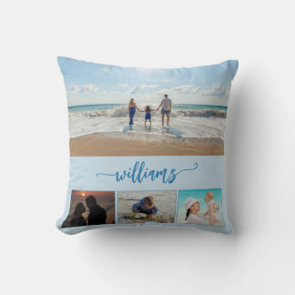 Family Photos Collage Blue Throw Pillow