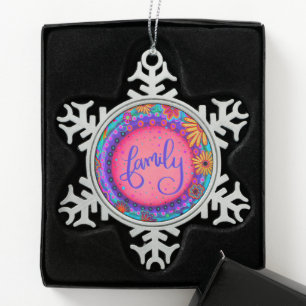 Family Pink Floral Pretty Inspirivity Snowflake Pewter Christmas Ornament