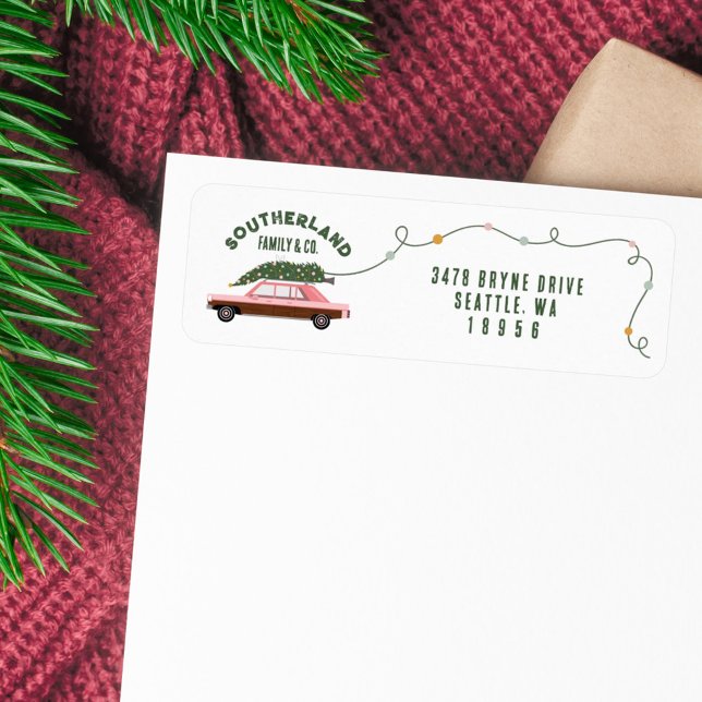 Family Pink Vintage Car Christmas Tree Delivery (Family Pink Vintage Car Christmas Tree Delivery Label)