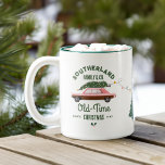 Family Pink Vintage Car Old-Time Christmas  Two-Tone Coffee Mug<br><div class="desc">Reviving the Joy of Christmas Past! Transport back in time with this fun family tradition personalized pink vintage car Christmas tree delivery mug. Christmas lights hanging from the Christmas tree and wrapping around the mug with christmas trees. Add an extra sprinkle of nostalgia to your holiday mornings with our personalized...</div>