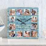 Family Quote Photo Collage Rustic Blue Wood Square Wall Clock<br><div class="desc">Easily create your own personalized blue rustic driftwood planks lake house style wall clock with your custom photos. The design also features a beautiful handwritten script quote: "Together we have it all". For best results, crop the images to square - with the focus point in the centre - before uploading....</div>