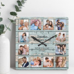 Family Quote Photo Collage Rustic Blue Wood Square Wall Clock<br><div class="desc">Easily create your own personalized blue rustic driftwood planks lake house style wall clock with your custom photos. The design also features a beautiful handwritten script quote: "Together we have it all". For best results, crop the images to square - with the focus point in the centre - before uploading....</div>
