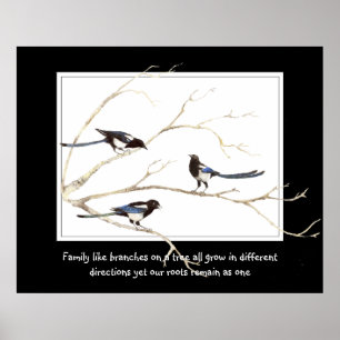 Family Quote with Watercolor Magpie Bird Family Poster