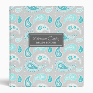 Family  Recipe Binder Aqua Grey Paisley