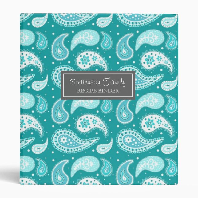 Family  Recipe Binder Teal Paisley (Front)
