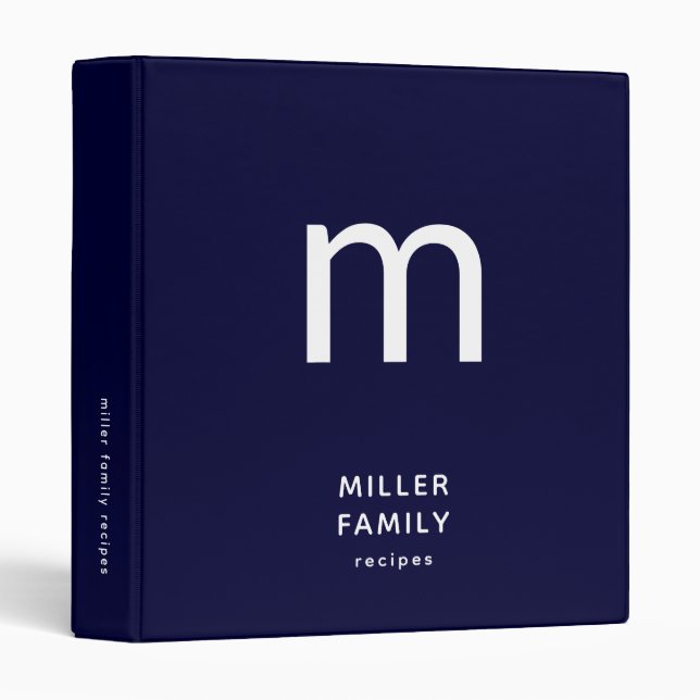 Family Recipe Binder with Monogram Initial Navy (Front/Spine)