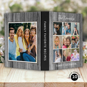 Family Recipe Cookbook 10 Photo Collage Grey Wood Binder