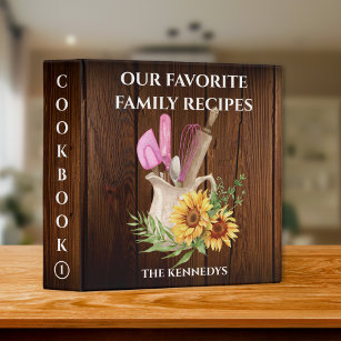 Family Recipe Cookbook Farmhouse Wood Sunflower  Binder