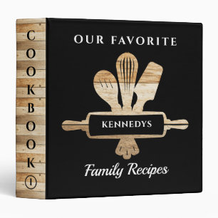Family Recipe Cookbook Rustic Wood On Black  Binder