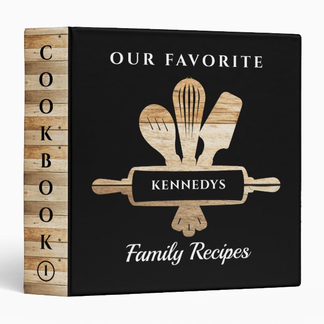 Family Recipe Cookbook Rustic Wood On Black  Binder (Front/Spine)