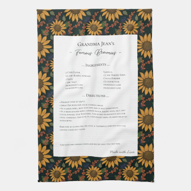 Family Recipe Heirloom Sunflower Rustic  Kitchen Towel (Vertical)