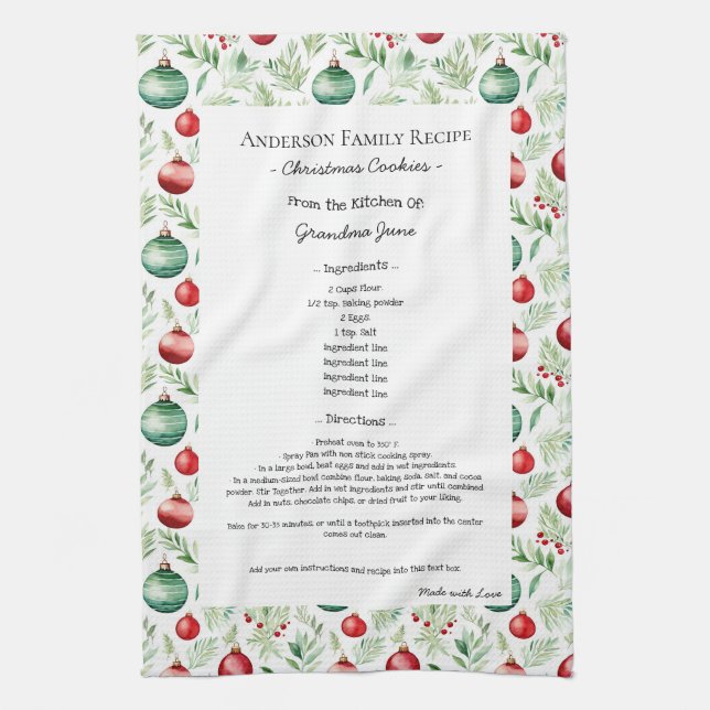 Family Recipe Heirloom Text Christmas Ornament Kitchen Towel (Vertical)