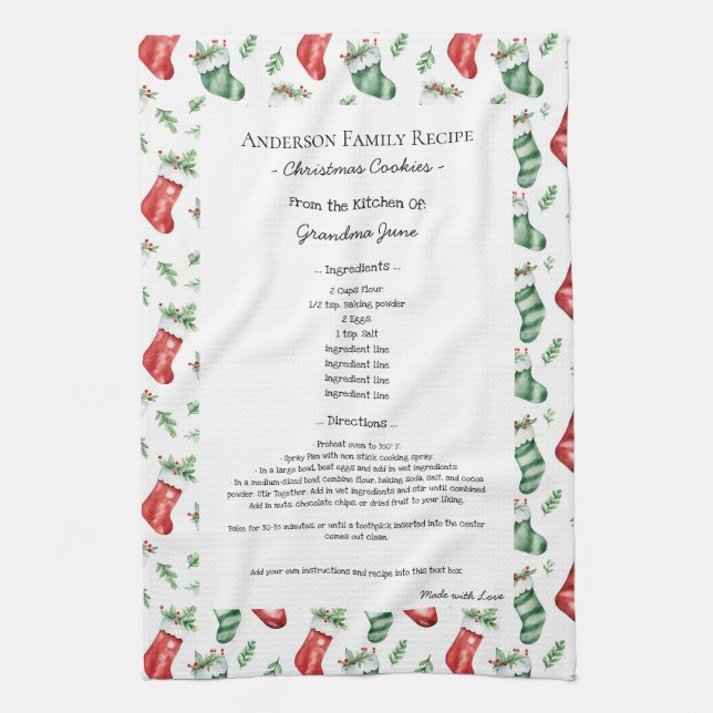 Family Recipe Heirloom Text Christmas Stocking Kitchen Towel (Vertical)