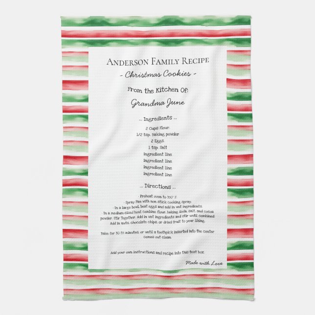 Family Recipe Heirloom Text Christmas Watercolor Kitchen Towel (Vertical)