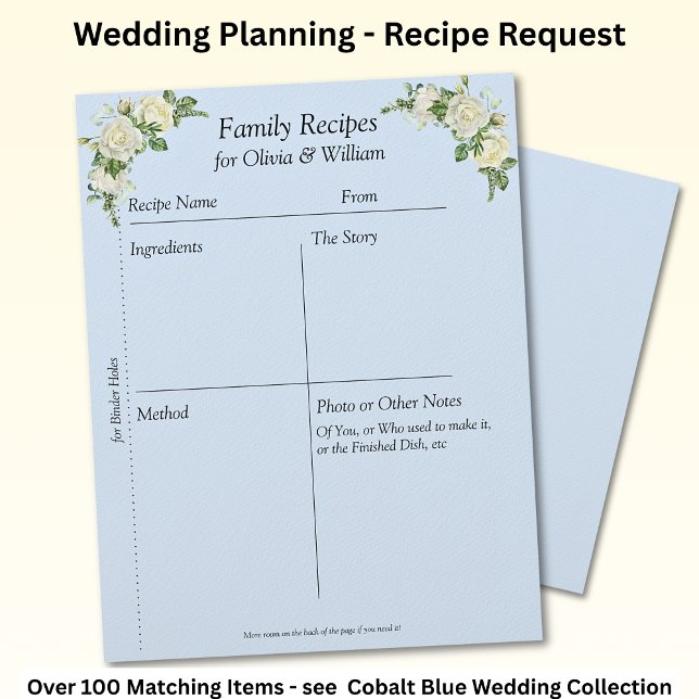 Family Recipe Sheets, Blue & White Roses  Letterhead (Creator Uploaded)