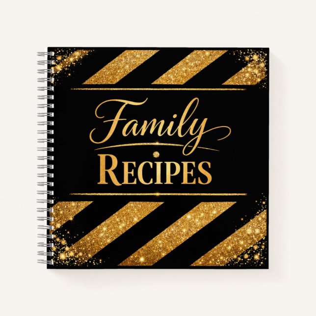 Family Recipes - Black Gold Script CookBook Notebook (Front)