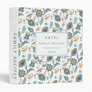 Family Recipes Blue and Gold Floral Pattern Binder