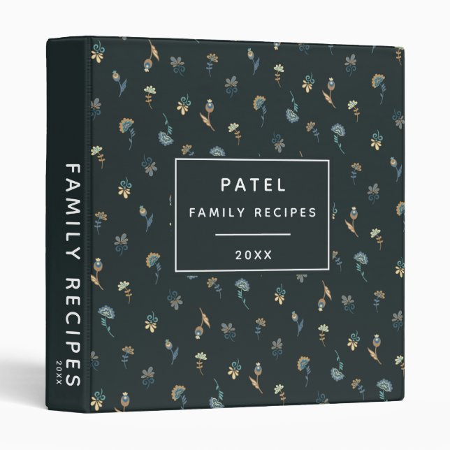 Family Recipes Blue and Gold Floral Pattern Binder (Front/Spine)