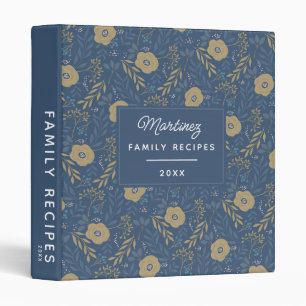 Family Recipes Blue and Gold Floral Pattern Binder