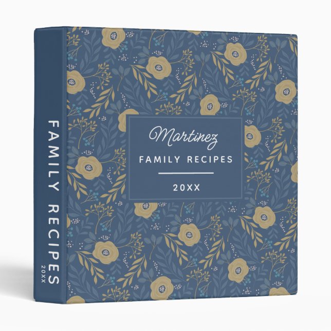 Family Recipes Blue and Gold Floral Pattern Binder (Front/Spine)