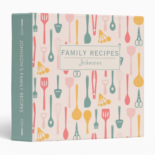 Family Recipes Colorful Kitchen Utensils Binder (Front/Spine)