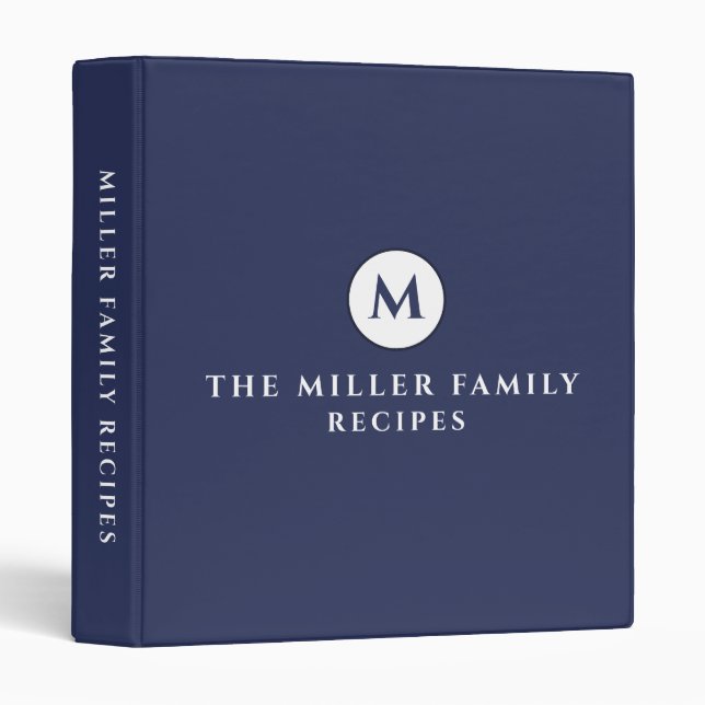 Family Recipes | Monogrammed | Blue 3 Ring Binder (Front/Spine)