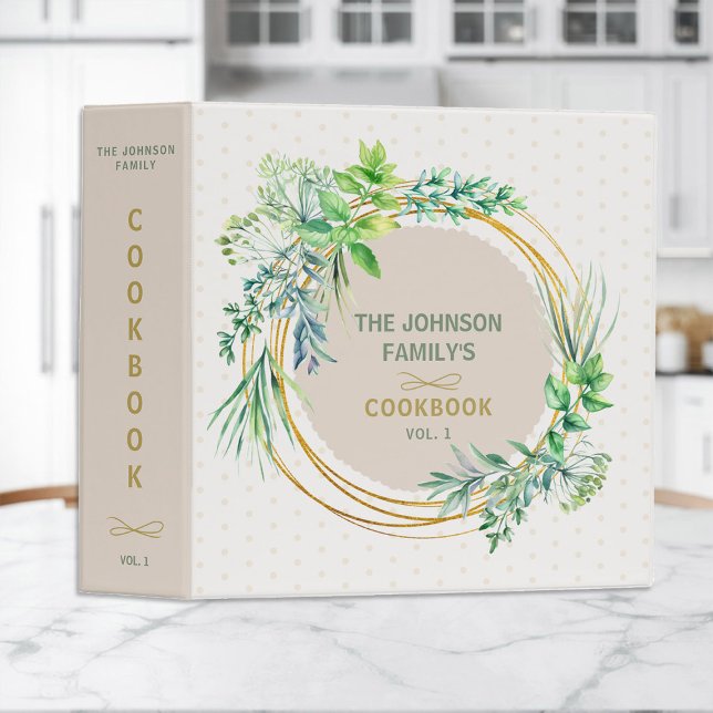 Family Recipes Organizer Aromatic Herbs Gold Green Binder (family recipes organizer cookbook binder aromatic herb cooking gold green mom grandma gift christmas)