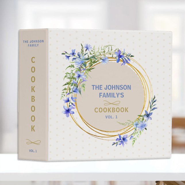 Family Recipes Organizer Blue Wildflowers Elegant Binder (family recipes organizer cookbook binder blue wildflowers wreath gold circles personalized gift mom )