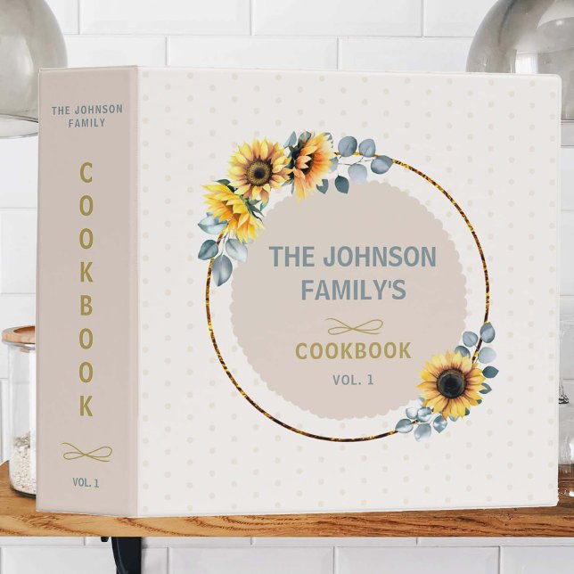 Family Recipes Organizer Sunflowers Greenery Gold Binder (family recipes organizer binder mom gift sunflowers floral flowers cottage farmhouse personalized)