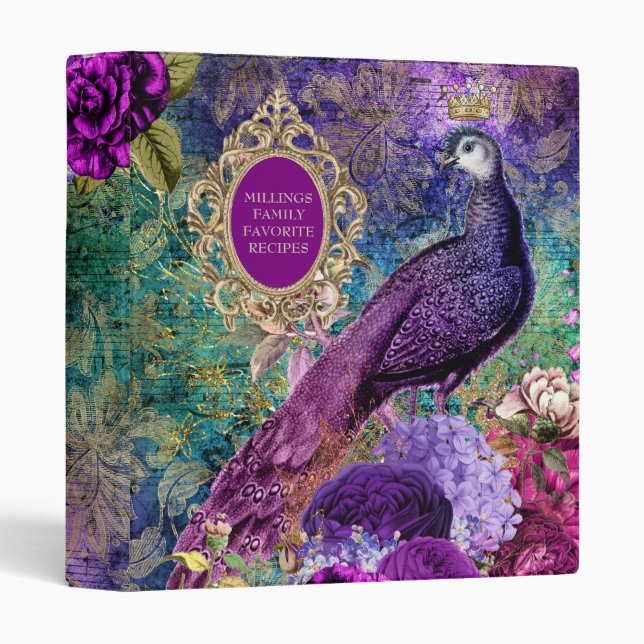 Family Recipes Peacock Elegant Purple Gold  Binder (Front/Spine)