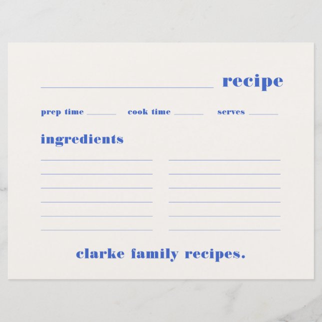 Family Recipes Retro Vintage Blue Recipe Card (Front)
