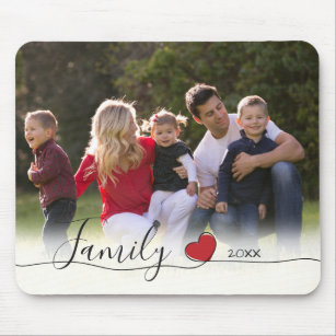 Family Red Heart Calligraphy   Horizontal Photo Mouse Pad