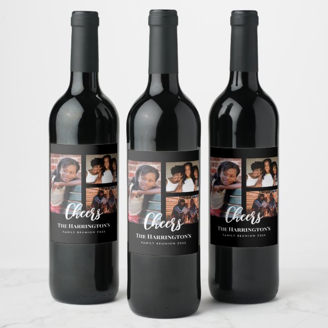 Family Reunion 3 Section Photo Collage Black Frame Wine Label (Bottles)