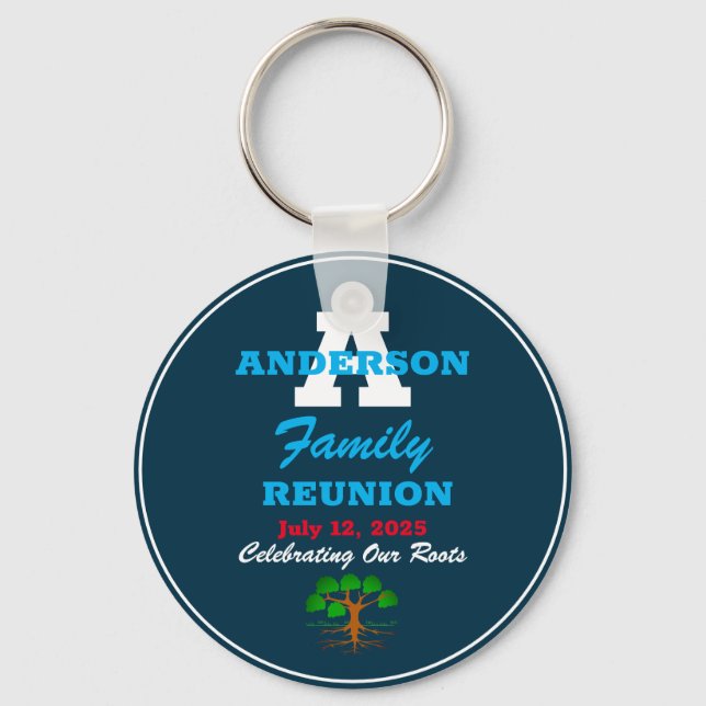 Family Reunion Any Name Any Date Script Text Blue Keychain (Front)