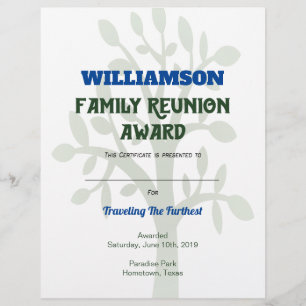 Family Reunion Award Certificate Personalized Tree Letterhead